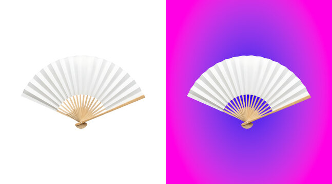 A traditional folding hand fan with white paper leaves and light wooden ribs, fully opened and isolated on a clean white background surface