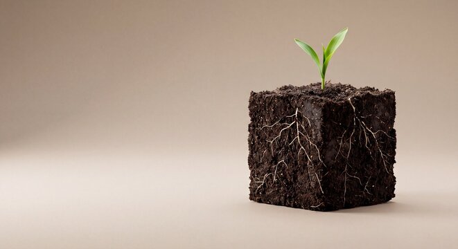 Young green plant sprout growing from a cube of soil with visible roots, symbolizing growth, nature, and agriculture on a neutral beige background.
