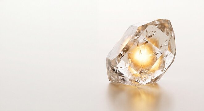 Raw natural uncut diamond crystal stone glowing with golden internal light isolated on white background