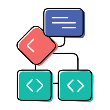 Flowchart with code symbols for programming logic and development.