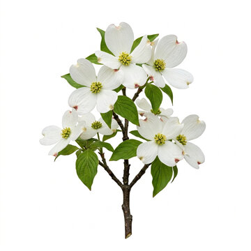 American Dogwood Plant Branch Isolated On White Background, Cornus Florida White Tree Blossom Concept, Organic Texture Flora Top View, Macro Photography, Botanical Specimen, White Solid Background
