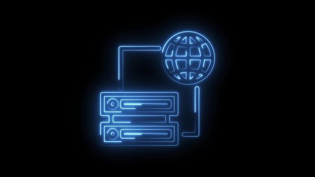 Glowing blue neon server rack and globe icon animation representing global network connectivity