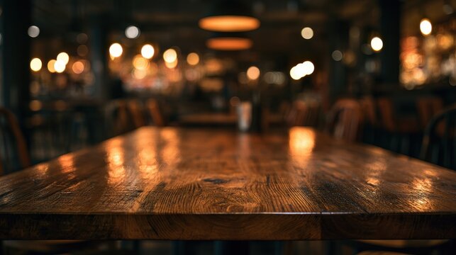 Moody cafe dinner backdrop featuring an unoccupied wooden tabletop