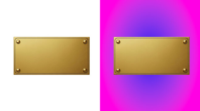Rectangular gold metal plaque with four rounded rivets at the corners, isolated on a white background, for signage or, identification purposes