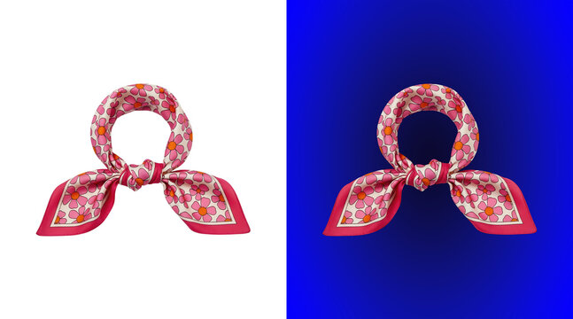 Silk neck scarf with pink and orange floral pattern tied in a knot, isolated on a white background, for fashion accessory presentation