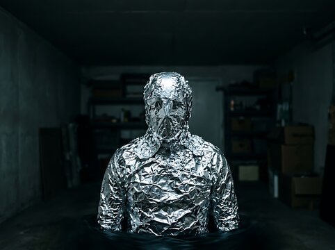Person Wrapped in Silver Aluminum Foil in Dark Storage Room