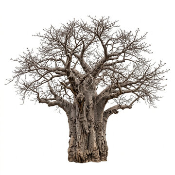 Baobab Tree Without Leaves Isolated On White Background, Adansonia Digitata African Upside Down Tree Concept, Organic Texture Silhouette Top View, Macro Photography, White Solid Background
