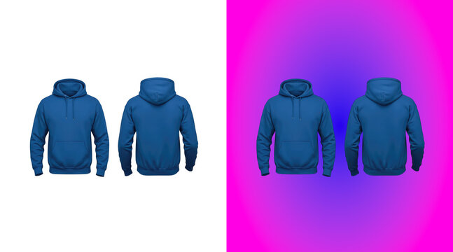 Two blue cotton hoodies shown from front and back views, isolated on a white background, featuring long sleeves and a drawstring hood