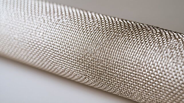 Close-up of a metallic wire mesh roll, showcasing fine texture and industrial design, perfect for construction and manufacturing projects