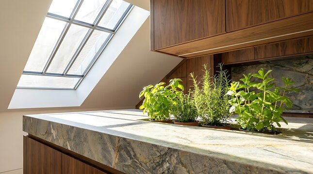 Modern kitchen island with green basil under bright angled skylight