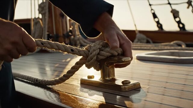 Crew hands secure rope around brass cleat on sailboat deck. Warm sunset light glows on polished wood while line tightens and sailors work by rigging in calm nautical conditions. Hands pull line taut.