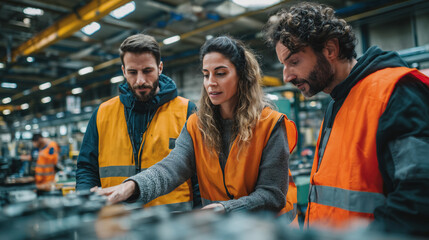 Naklejka premium Industrial workers in high visibility vests inspecting equipment in factory