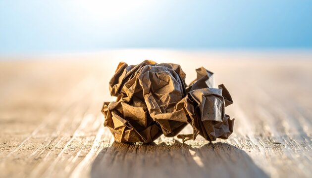 Crumpled Brown Paper Rustic Wooden Surface Under Natural Light