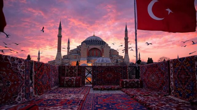 Sunset view of hagia sophia in istanbul with waving turkish flags and traditional carpets turkey