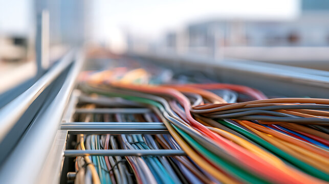 Colorful telecommunication wires organized in a metal cable tray system for network infrastructure and data connection management concept