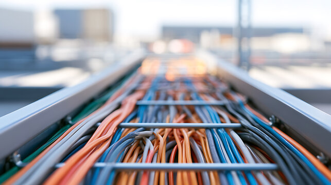 Industrial cable tray filled with colorful network wires and telecommunication infrastructure lines for data transmission in modern facility