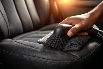 Fototapeta premium A man's hand uses a vacuum cleaner brush to clean a car seat in a body shop. The setting is bright with a focus on the cleaning activity and surface