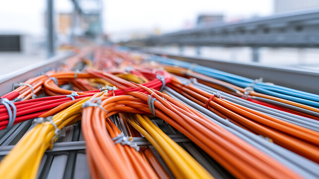 Industrial telecommunication cable routing system with colorful fiber optic and power wires organized in metal trays for modern data center network