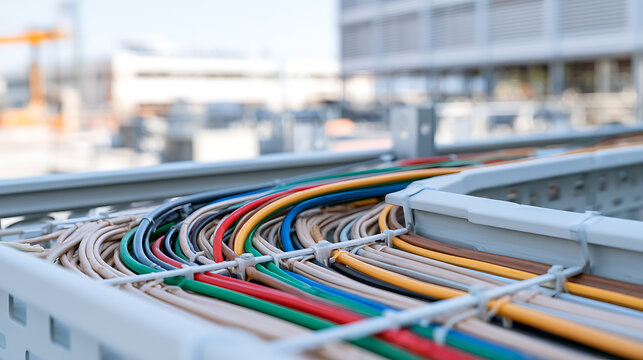 Close up view of multi colored electric cables organized neatly inside cable tray at construction site with blurred background of building