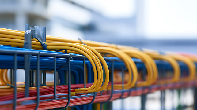 Colorful telecommunication wires and fiber optic cables neatly organized in metal cable trays at modern infrastructure installation site