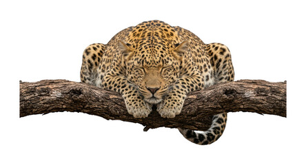 Majestic leopard resting on rough tree branch in peaceful sleep during sunny afternoon © jabad