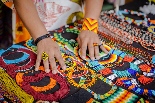 Sao Paulo, SP, Brazil - April 15 2023: Handicrafts of the Patax&oacute; indigenous people of Brazil, who live primarily in the far south of the state of Bahia and in some regions of Minas Gerais details.