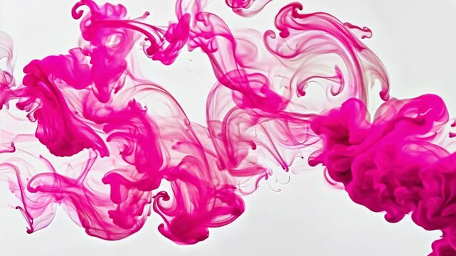 Vivid pink ink swirling and blooming in clear water on a white background, fluid art motion, creative abstract color diffusion.