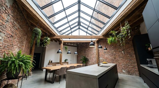 Industrial dining room and kitchen under large pitched skylight