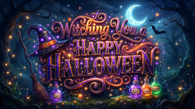 A festive and magical happy halloween greeting card design featuring ornate typography surrounded by glowing lanterns and a crescent moon in a dark spooky forest
