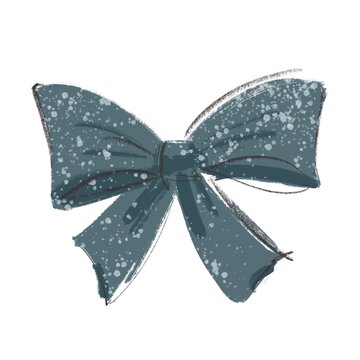 Hand drawn blue festive ribbon bow with snow pattern, decorative Christmas and winter holiday element.
