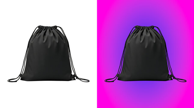A black drawstring backpack made of fabric with two shoulder straps, isolated on a white background, for product, display and marketing use