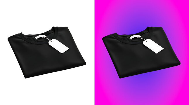 A folded black t-shirt with a blank white price tag isolated on a white background, for clothing retail, and fashion apparel marketing