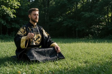 Obraz premium Young caucasian man sits on green grass meadow wearing traditional black, gold oriental kimono. Meditates holding small metal bell for zen mindfulness. Calm male practitioner practices spiritual