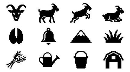 Fototapeta premium Farm and goat themed pixel art icon collection.