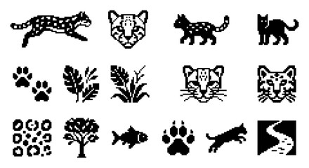 Fototapeta premium Feline and nature pixel icons.