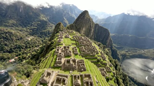 Aerial drone view of machu picchu inca ruins in peru: andes mountains landscape and ancient historical landmark travel destination