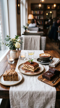 Premium assortment of coffee desserts including tiramisu, coffee cake, espresso brownies, and cappuccino on an elegant caf&eacute; table, International Coffee Day