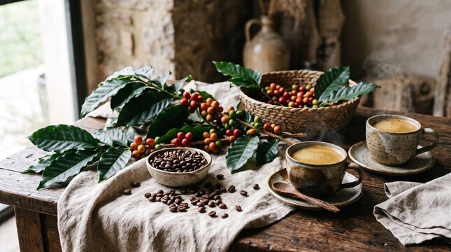 Elegant still life featuring coffee branches with ripe cherries, green leaves, roasted beans, linen fabric, and handcrafted ceramic cups arranged in a museum-quality composition, Coffee Day