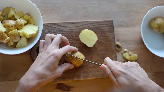 Person's hands cutting potatoes on wooden cutting board for meal preparation in kitchen, top down view