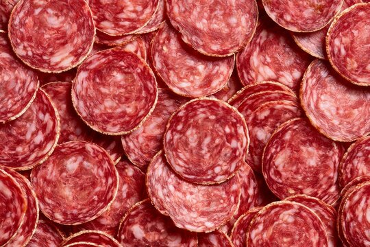 Salami slices arranged in a neat pattern on a table for display or sale at a market