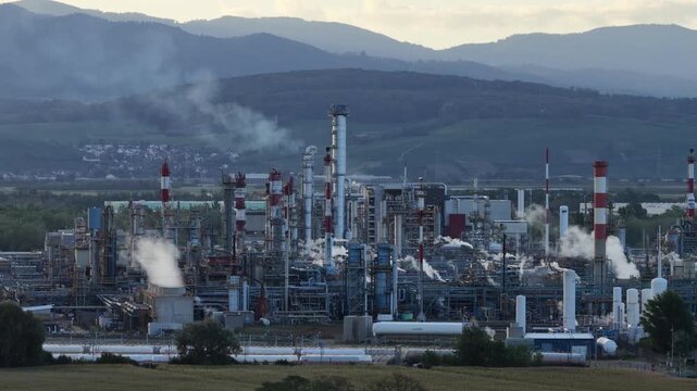 Aerial view of industrial refinery complex with smoke stacks and storage tanks set against rolling hills in Bantzenheim, Grand Est, France.