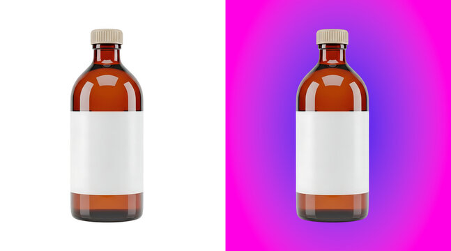 An empty amber glass bottle with a white cap and blank label, isolated on a white background, for pharmaceutical or, liquid product packaging
