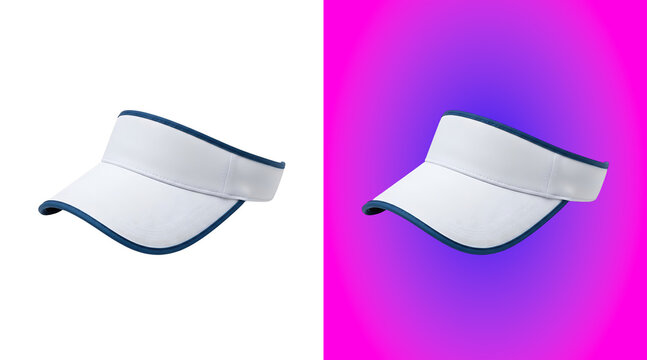 A white sports visor with a dark blue trim, isolated on a white background, used for sun protection during outdoor sports and summer activities