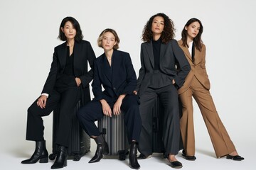 Fototapeta premium Multicultural professionals in chic business attire posing with travel luggage for a modern studio fashion shot