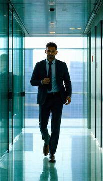 Confident Businessman Walking Down Modern Office Hallway in High-Rise Building