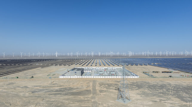 Aerial View of Integrated Renewable Energy Base with Solar, Wind, and Storage on Gobi Desert