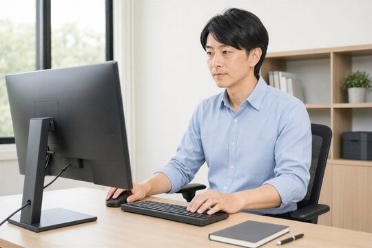 オフィスのデスクでパソコン作業に集中する日本人会社員