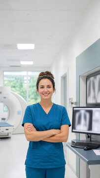 Vertical portrait of a smiling radiographer in scrubs standing in a bright imaging department corridor, empty space above the head. Generative AI.