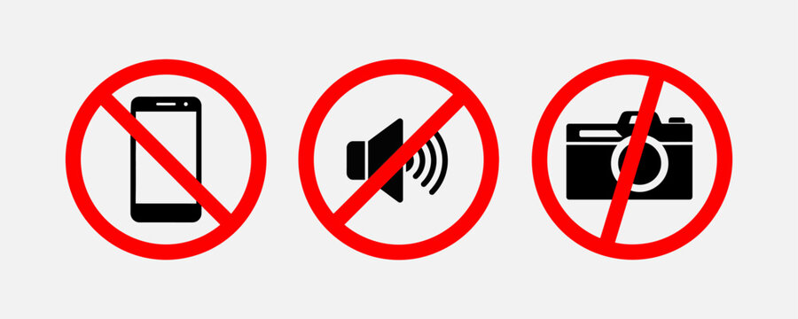 Set of prohibition signs indicating no mobile phones no noise and no photography allowed in public areas