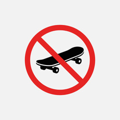 A red circular prohibition sign with a black skateboard icon isolated on a plain white background © Fahim